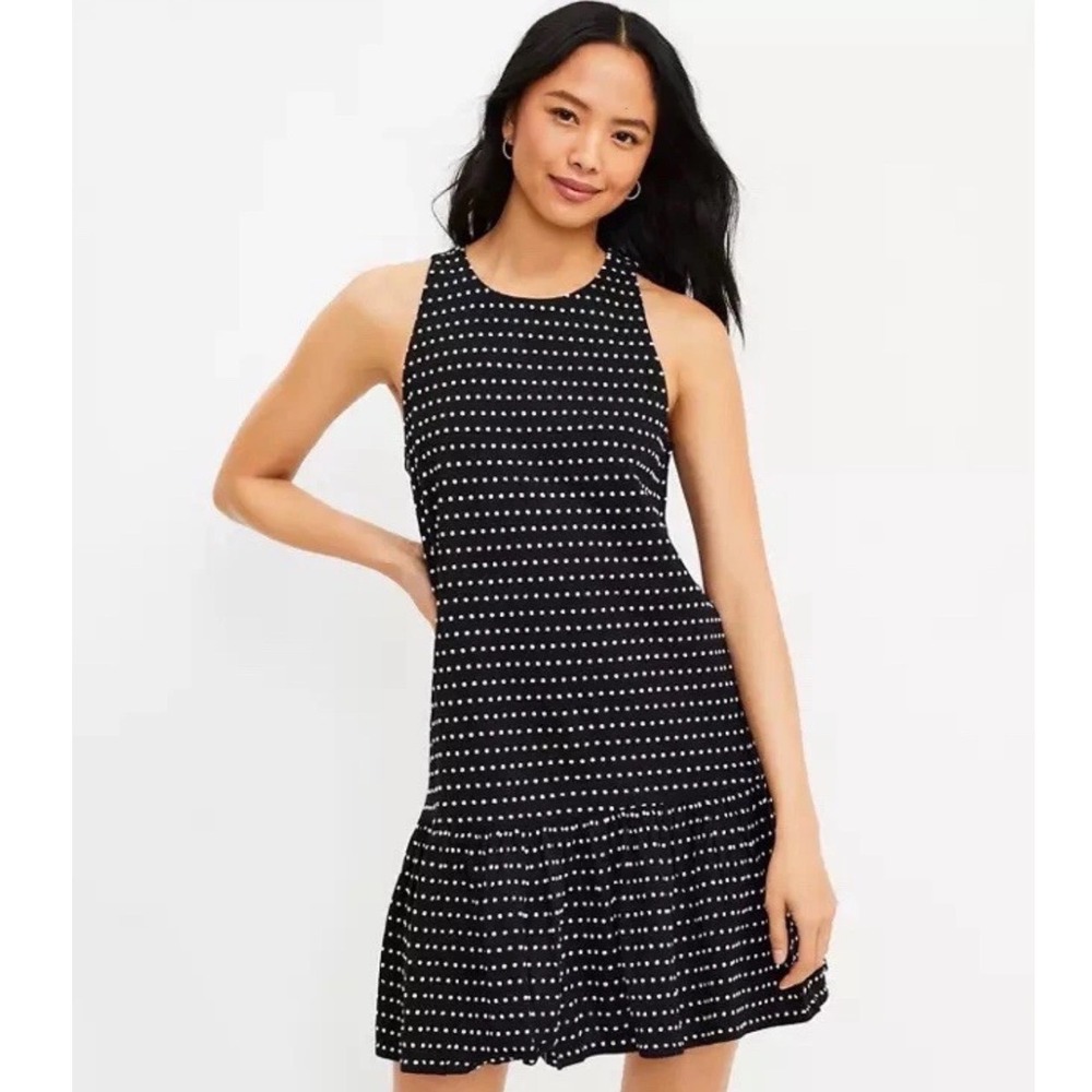 Loft Black Sleeveless White Dot Drop Waist Dress Cotton Blend Size Small